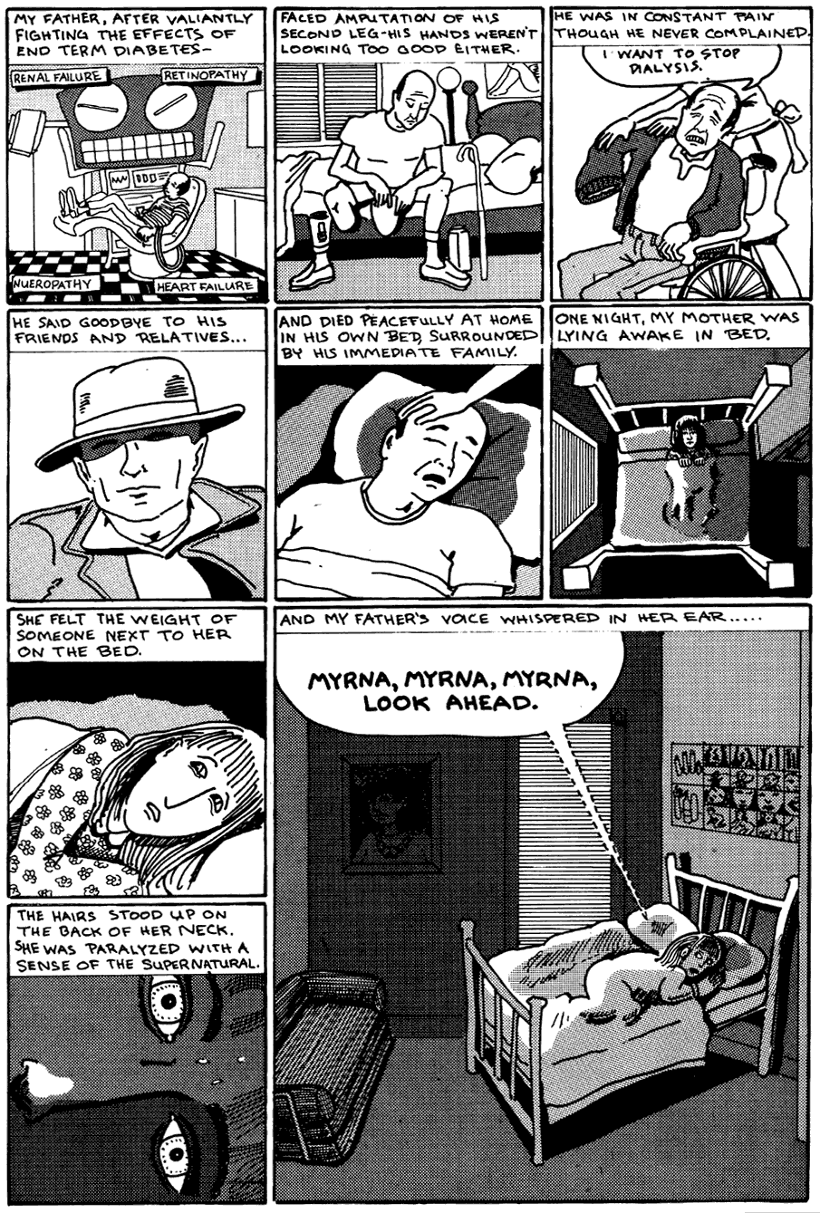 Black and white comic by Joey Epstein: after Epstein's dad dies, his wife Myrna dreams his ghost tells her 'Myrna, Myrna, Myrna, look ahead.'