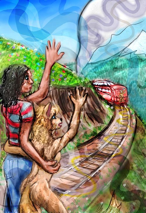 Furry girl who cycles through time waves goodbye to her child-self leaving on the time-train. Dream sketch by Wayan; click to enlarge.