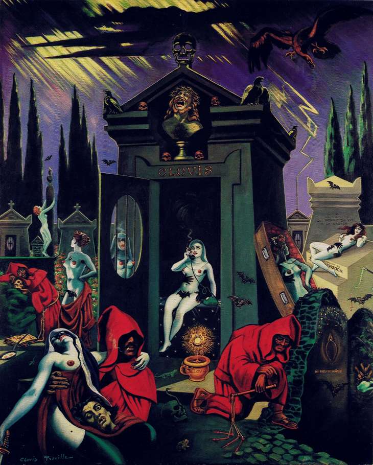 'My Tomb', painted 1947-62 by Clovis Trouille. Click to enlarge.