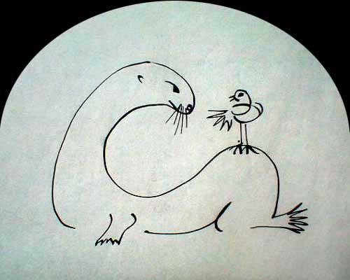 ink drawing of a seagull perched on a seal