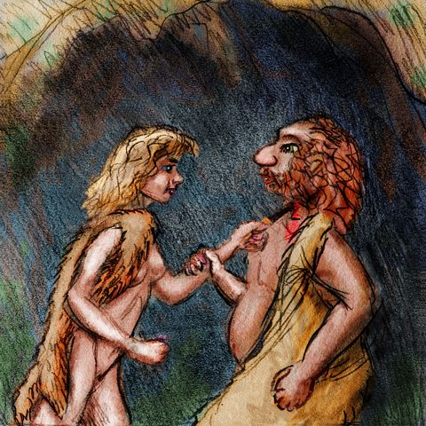 Modern woman cuts throat of Neanderthal man. Nightmare sketch by Wayan. Click to enlarge.