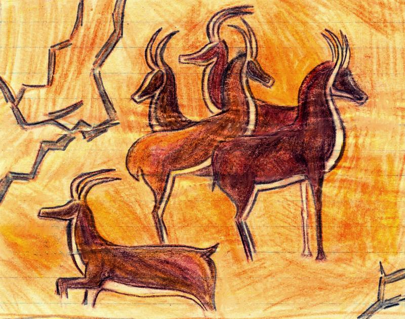 Sketch by Wayan after a Saharan neolithic cave drawing of antelope.