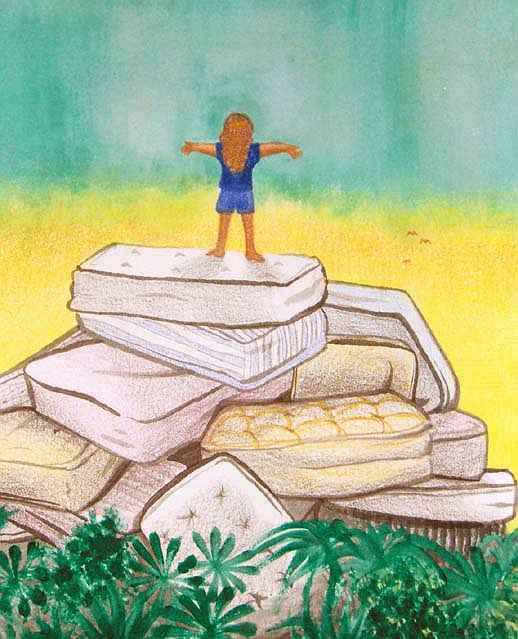 Drawing of a small child triumphant atop a pile of mattresses rising out of rainforest.