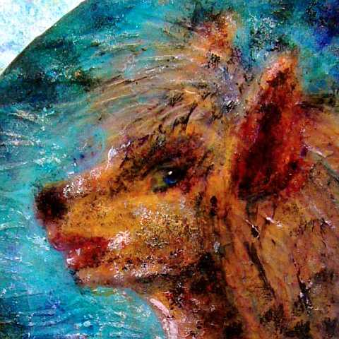 Acrylic painting of a dream by Chris Wayan: head of a woman turning into a wolf.