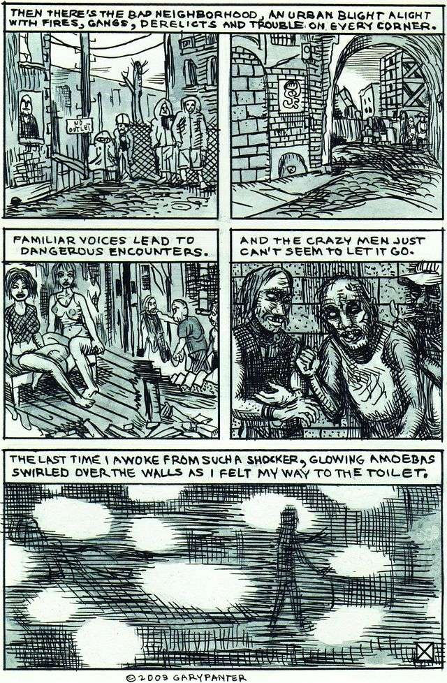 Comic by Gary Panter about his dreamscapes, titled 'Nightmare Studio'; page 5.