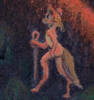 Silky as a coyote girl, climbing. Detail from 'Nocturne', a book of improv paintings on dreamwork by Wayan.