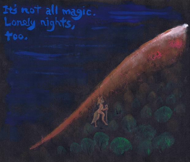 P.18 of 'Nocturne': Silky as coyote with staff climbs a red hill, by Wayan; click to enlarge