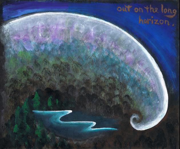 P.21 of 'Nocturne': lake and spiral, semi-abstract dreamscape by Wayan; click to enlarge