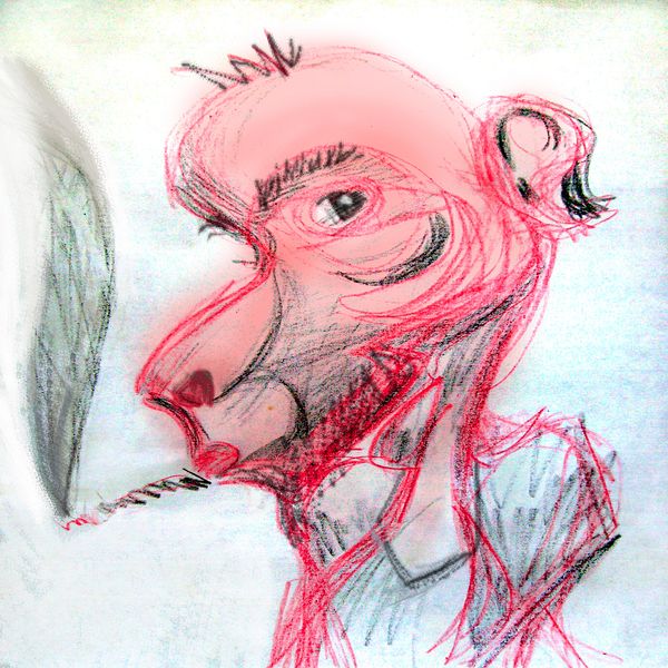 A Skinny, ugly smoker with no fingers. Crayon sketch of a dream by Wayan