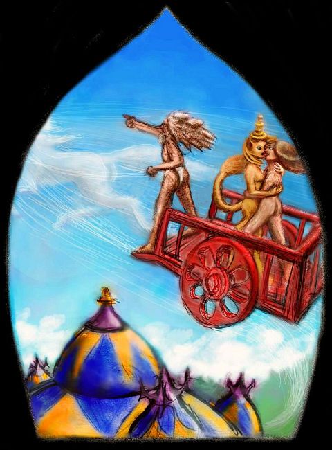 A mad yogi flies a red magic cart over Thai temples, carrying me and a Norasingh, a golden lion-woman. Dream sketch by Wayan' click to enlarge.