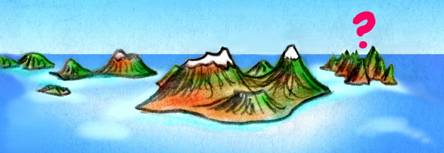 Sketch of a dream by Wayan: an island chain like Hawaii with the vertical exaggerated, plus a new craggy island northeast of Hawaii proper.
