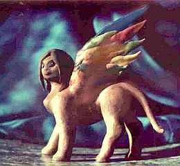 A plasticine model of a sphinx with multicolored wings, made for claymation.