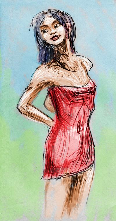 Singer in a red dress. Dream sketch by Wayan. Click to enlarge.