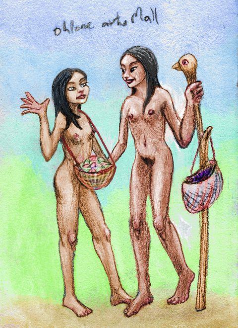 Two skinny women with berry-baskets talk and laugh. Dream sketch by Wayan. Click to enlarge.