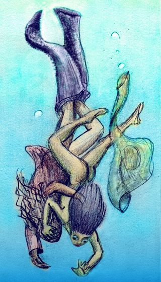 Sketch of a dream by Wayan: Oh Wait 4. Two nude swimmers grapple underwater. Click to enlarge.