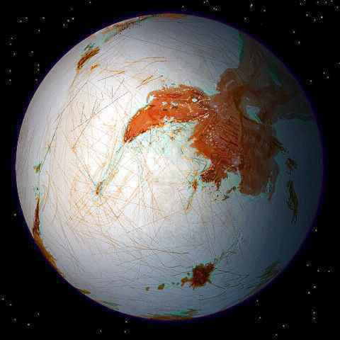 Telescopic photo of Oisin, largest moon of Lyr, an experimental world-model. Oisin resembles both Mars and Europa--red, cratered continents rise from ice-covered seas.