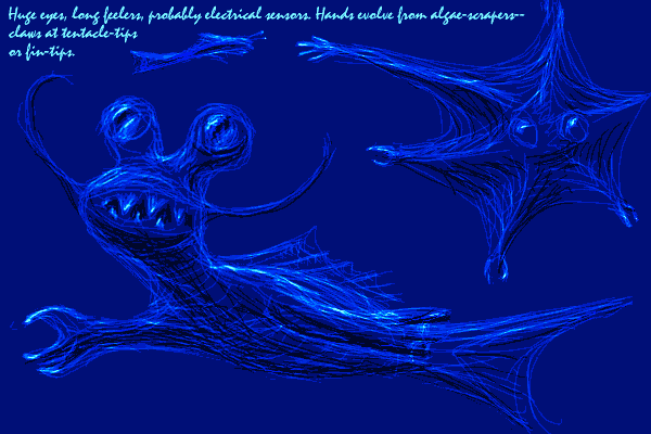 Creature with fishlike tail, handlike claws, huge eyes on stalks, and feelers like Dali's moustache. Six-limbed 'squid' in background, with clawed hands at each tentacle-tip. Caption reads: 'Huge eyes, long feelers, probably electrical sensors. Hands evolve from algae-scrapers. Claws at tentacle-tips and fin-tips.'