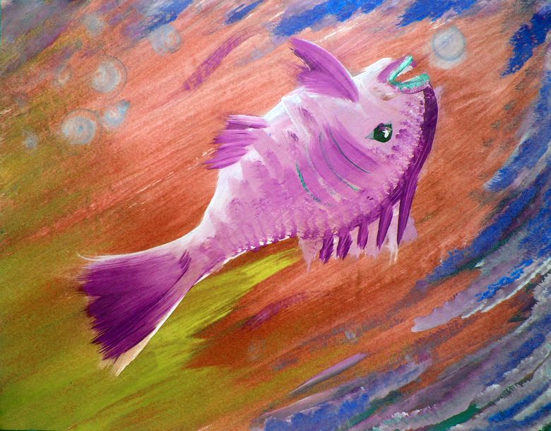 Paint sketch by Wayan of pink fish in orange water with bluish weeds; under-ice ecology of Lake Fergus in central Rhiannon, the largest continent on Oisin, a Europan moon (ice-covered seas) with life; a world-building experiment.