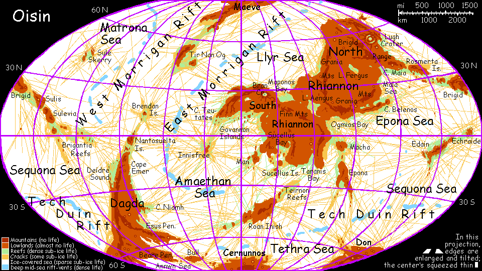 Map of Oisin, a Europan moon (ice-covered seas) with life; a world-building experiment.