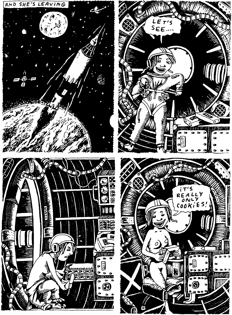 Black and white comic of a dream by Julie Doucet. Deep in space Julie opens her mom's parting gift.