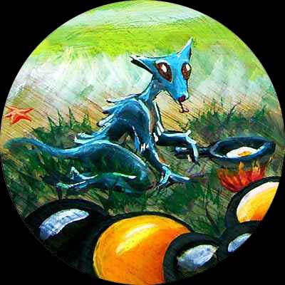 A blue buglike being cooks an omelet.