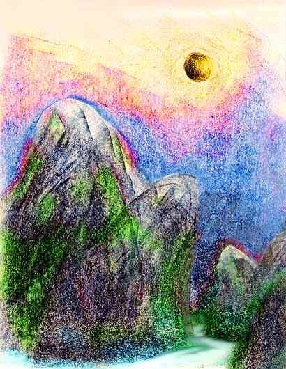 South China's karst lands, full of limestone crags. Dream sketch by Wayan; click to enlarge.