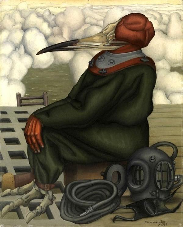 The Oneiroscopist, 1947 dream painting by Edith Rimmington. Click to enlarge.