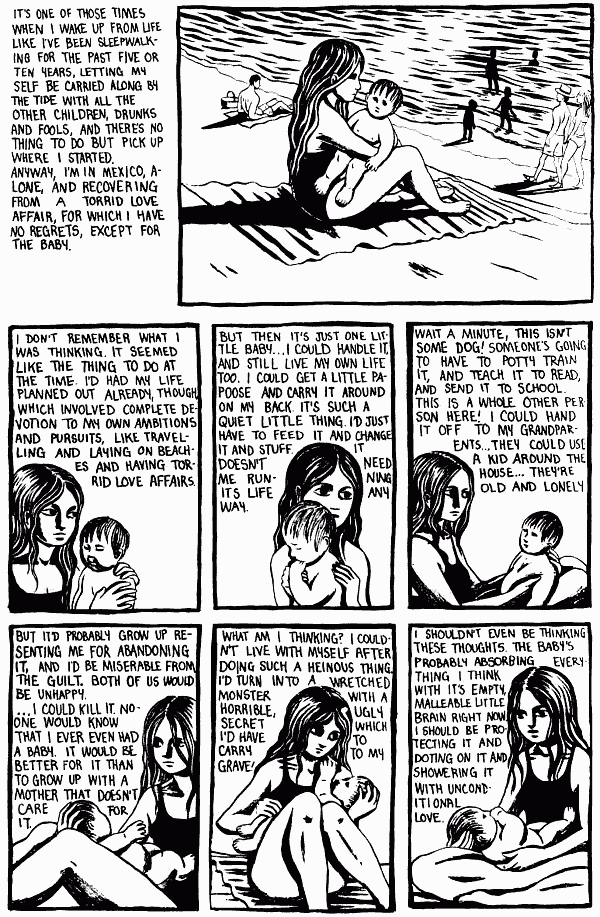 Black and white comic of a dream by Gabrielle Bell titled ON THE SEASHORE. Page 1: Gabrielle dreams she's on a Mexican beach with a baby. The responsibility overwhelms her.