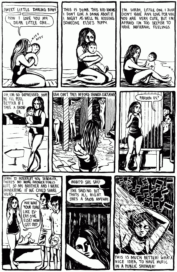 Black and white comic of a dream by Gabrielle Bell titled ON THE SEASHORE. Page 2: Gabrielle takes a shower. Two boys try to join her; she rejects them.