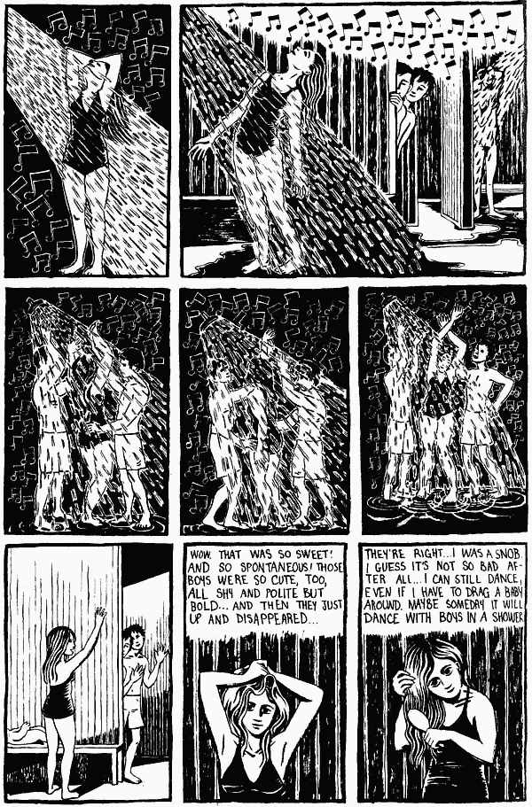 Black and white comic of a dream by Gabrielle Bell titled ON THE SEASHORE. Page 3: Gabrielle relaxes and dances with two boys in the shower.