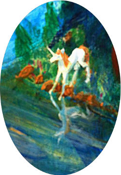 Detail of painting OPEN THE DOOR: a unicorn emerges from pinewoods to drink at a river.