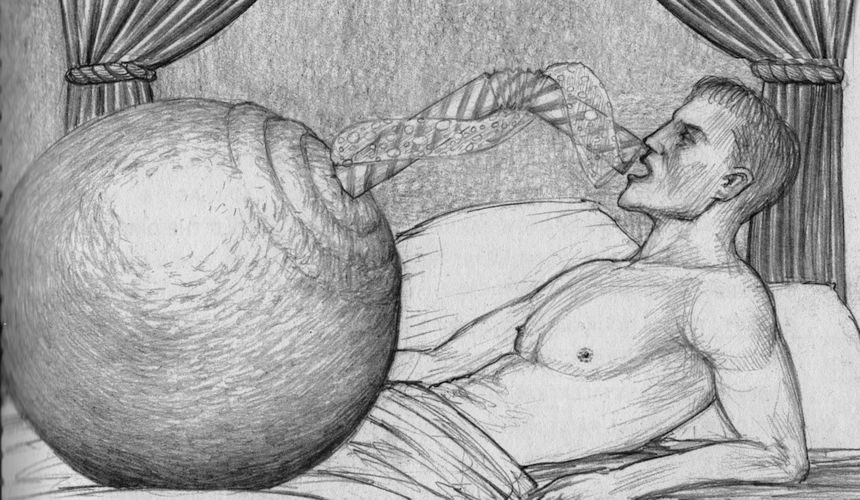 Giant orange hops in bed with a man, extending two straws in a sort of kiss. Dream sketch by Jim Shaw. Click to enlarge.