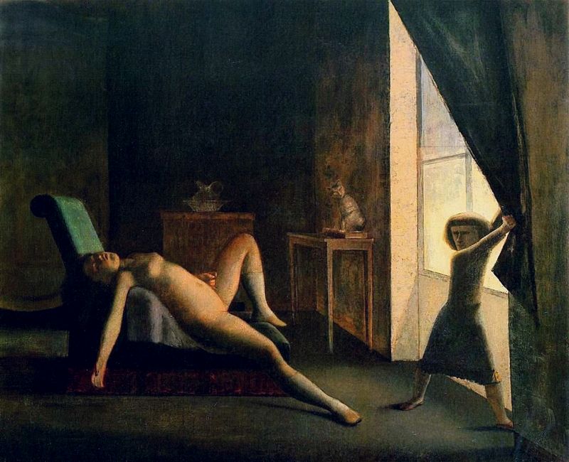 'The Room', a painting by Balthus. Tiny woman with fierce expression opens curtains to shine light on squirming girl. Click to enlarge.