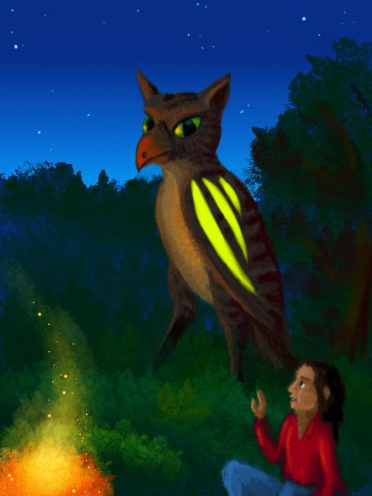 Giant owl with yellow flank-stripes and green eyes is my guardian animal. Dream sketch by Wayan. Click to enlarge.