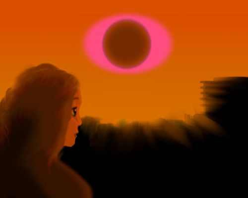 Annular eclipse seen through orange wildfire-smoke. Dream sketch by Wayan. Click to enlarge.