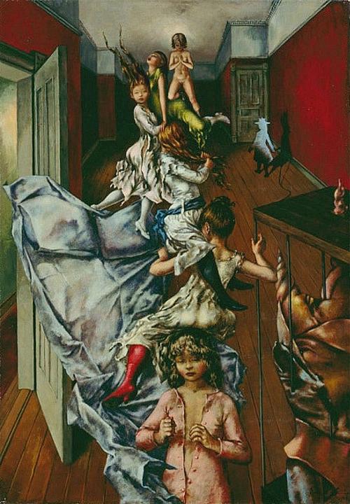 'Palaestra', painted 1949 by Dorothea Tanning. Click to enlarge.