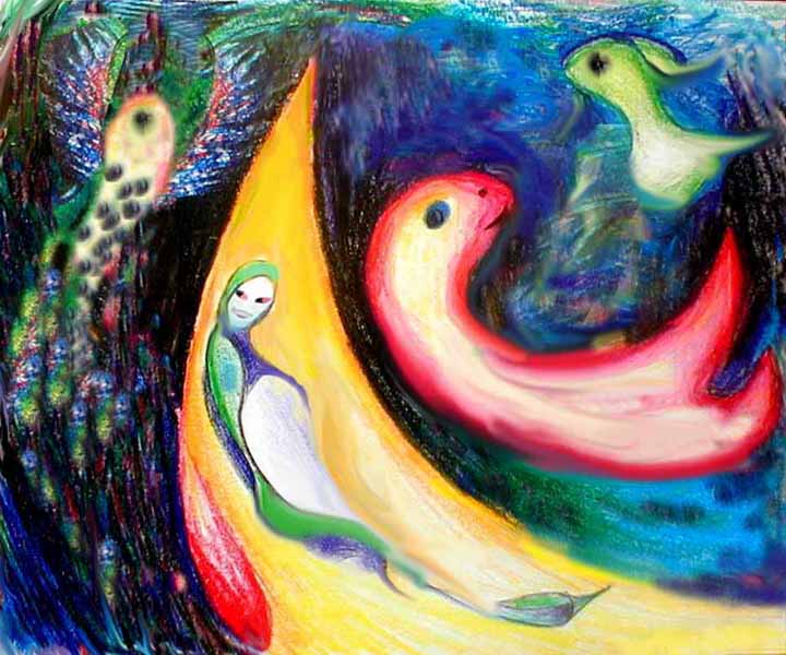 some floating bird-fish-angels in the style of Kenneth Patchen.