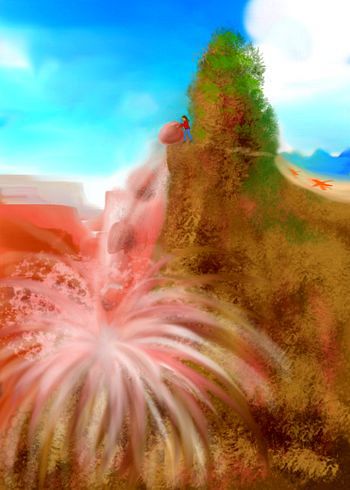 I recklessly push a boulder off a desert cliff; sketch of a dream by Wayan. Click to enlarge.