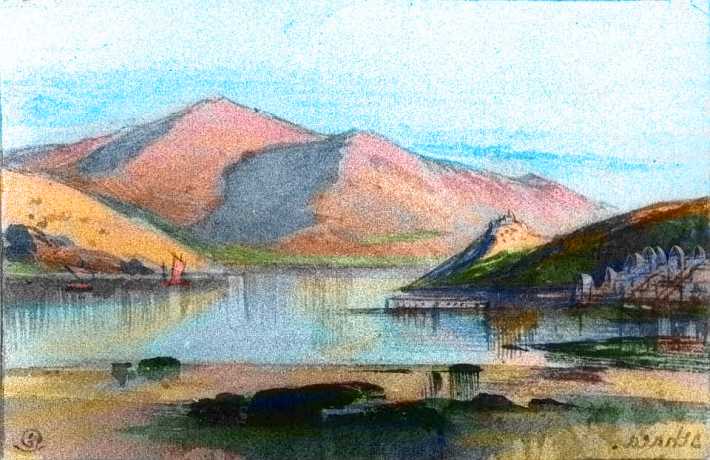 A port and boats on a hilly bay; Gulf of Churnip, western Continent 3, on Pegasia, an Earthlike moon. Sketch by Wayan after a watercolor by Edward Lear.