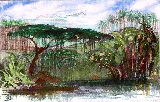 Sketch of rainforest with distant peak (Mt Lookcha?) in northern Continent 3 on Pegasia, an Earthlike moon. Sketch based on a watercolor by Edward Lear.