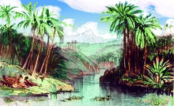 Sketch of rainforest with distant peak in northern Continent 3 on Pegasia, an Earthlike moon. Sketch based on a watercolor by Edward Lear.