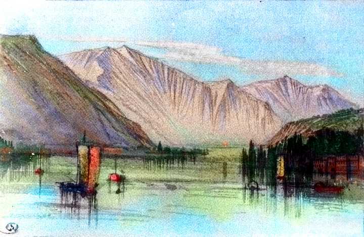 Boats on a lake; stark rocky mountains above. Lempop Valley, central Continent 3, on Pegasia, an Earthlike moon. Sketch by Wayan after a watercolor by Edward Lear.