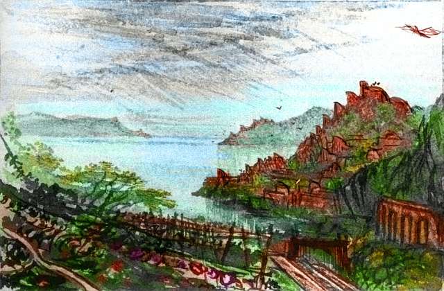 Hilly bay and port with red roofs and curved wind-scoops, on Pegasia, an Earthlike moon.