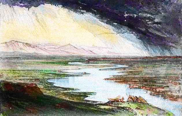 Sketch of thundershower on savanna, with sunny mountains on the horizon; on Pegasia, an Earthlike moon. Based on a watercolor by Edward Lear.