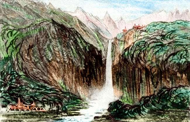 Mountains, waterfall and pointy-roofed lodges on Pegasia, an Earthlike moon. Sketch by Wayan after a watercolor by Edward Lear.