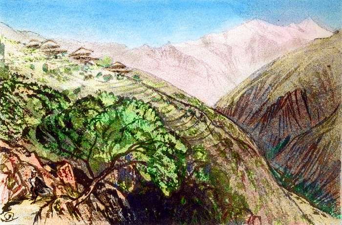 Sketch of canyons with round huts and terraces on higher slopes. Icy peaks in background. Thakkenkor Mts of central Continent 3 on Pegasia, an Earthlike moon. Based on a watercolor by Edward Lear.
