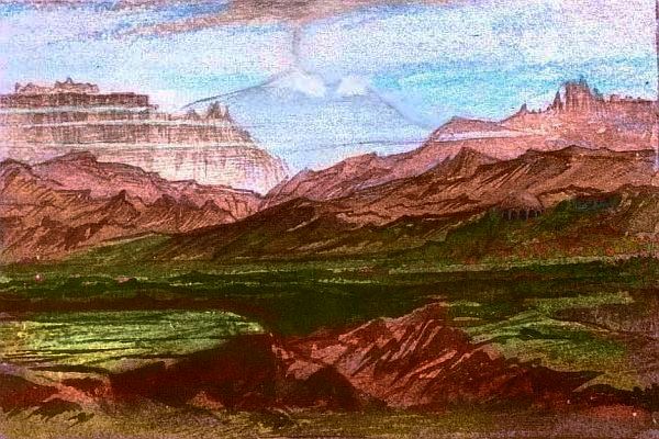 Sketch of desert canyon with irrigated floor; dome and ruins upslope, volcano in background. Western Continent 3 on Pegasia, an Earthlike moon. Based on a watercolor by Edward Lear.