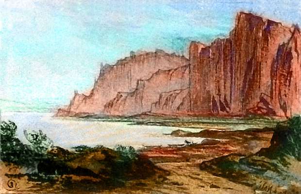 Sketch of red sea-cliffs and a cove with a birdlike being by a couple of low boats. South shore of island between Continent 7 and Continent 8 on Pegasia; an Earthlike moon. Based on a watercolor by Edward Lear.