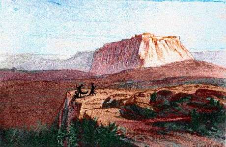 Sketch of saurian bipeds looking at a dramatic redrock mesa in distance. Northern Continent 8 on Pegasia, an earthlike moon with shallow seas. Sketch by Wayan based on a watercolor by Edward Lear.