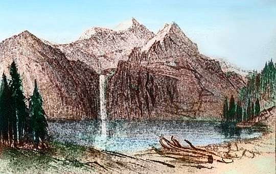Sketch of a waterfall dropping into a mountain lake. Northeast Continent 8 on Pegasia, an earthlike moon with shallow seas. Sketch by Wayan based on a watercolor by Edward Lear.